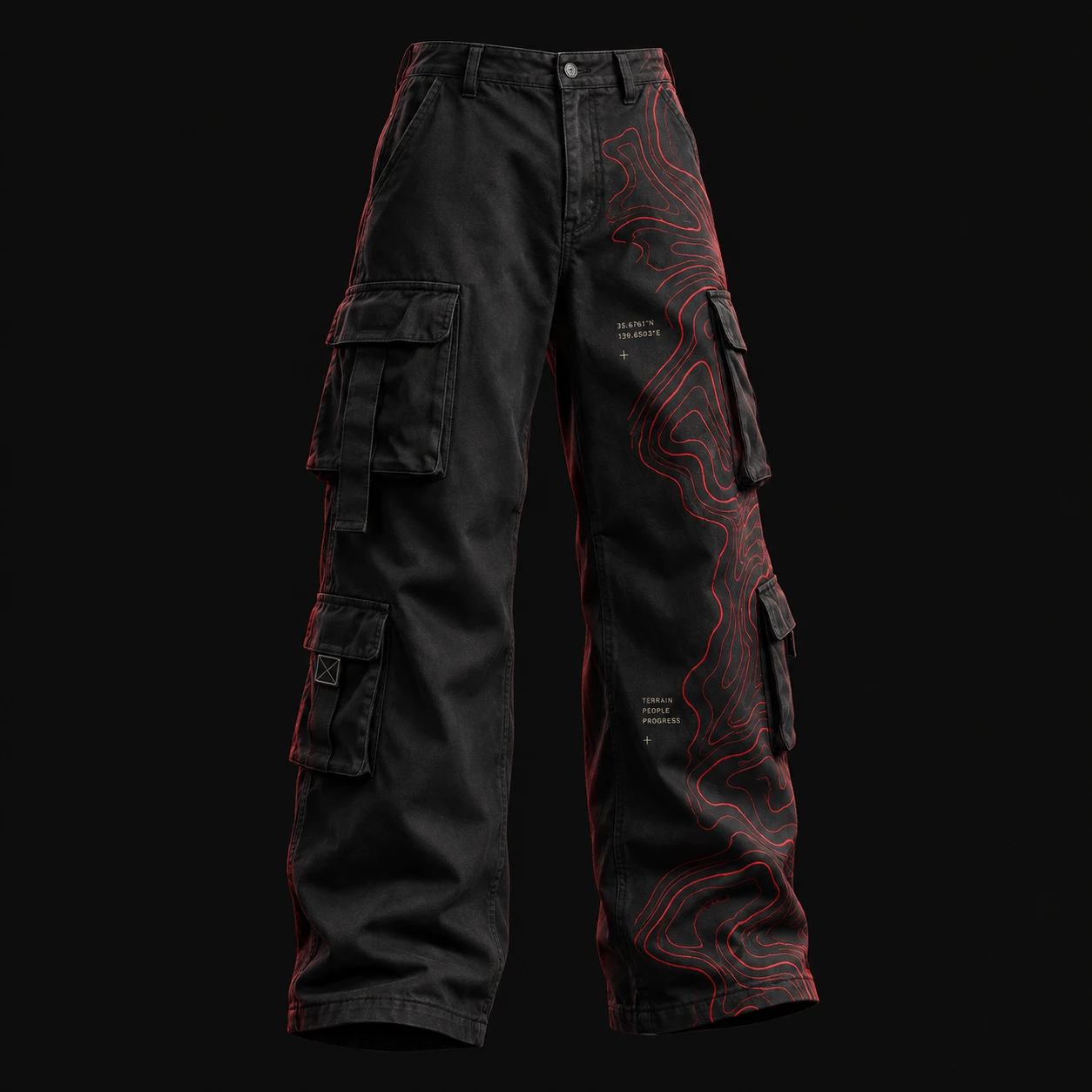 Black cargo trousers with a red topographic contour print