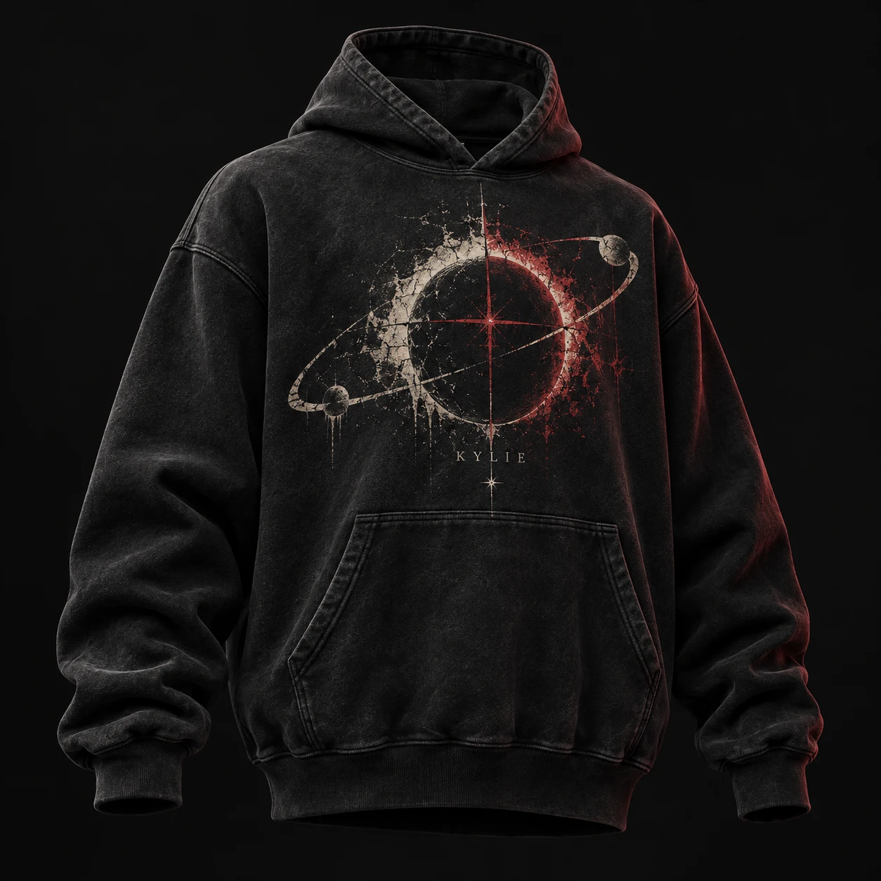 Black oversized hoodie with original red and ivory eclipse print