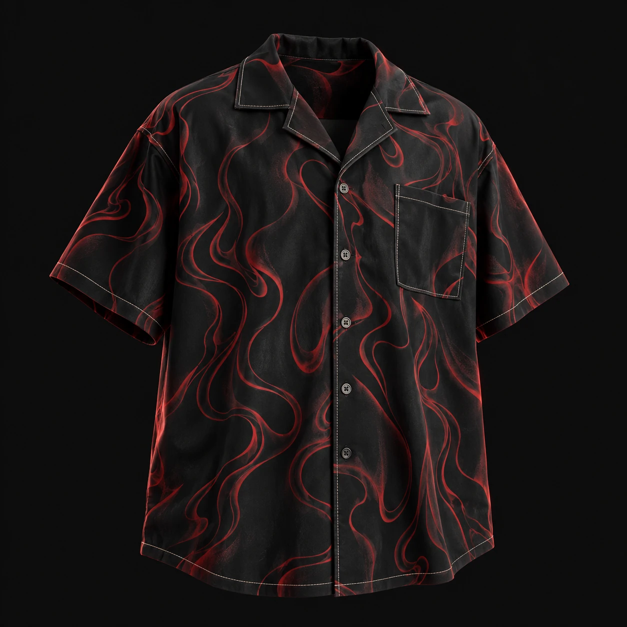 Black camp-collar button-up shirt with original red flame contour print