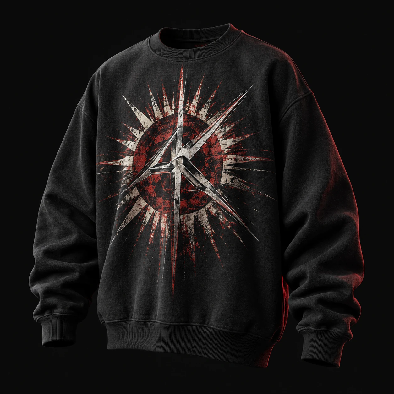 Black crewneck sweatshirt with an original ivory and red industrial sunburst print