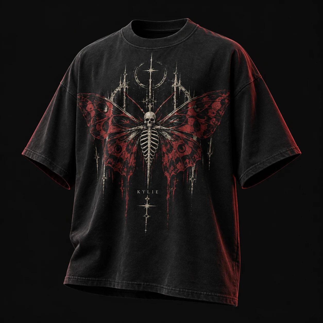 Oversized black t-shirt with an original red and ivory skeletal moth print