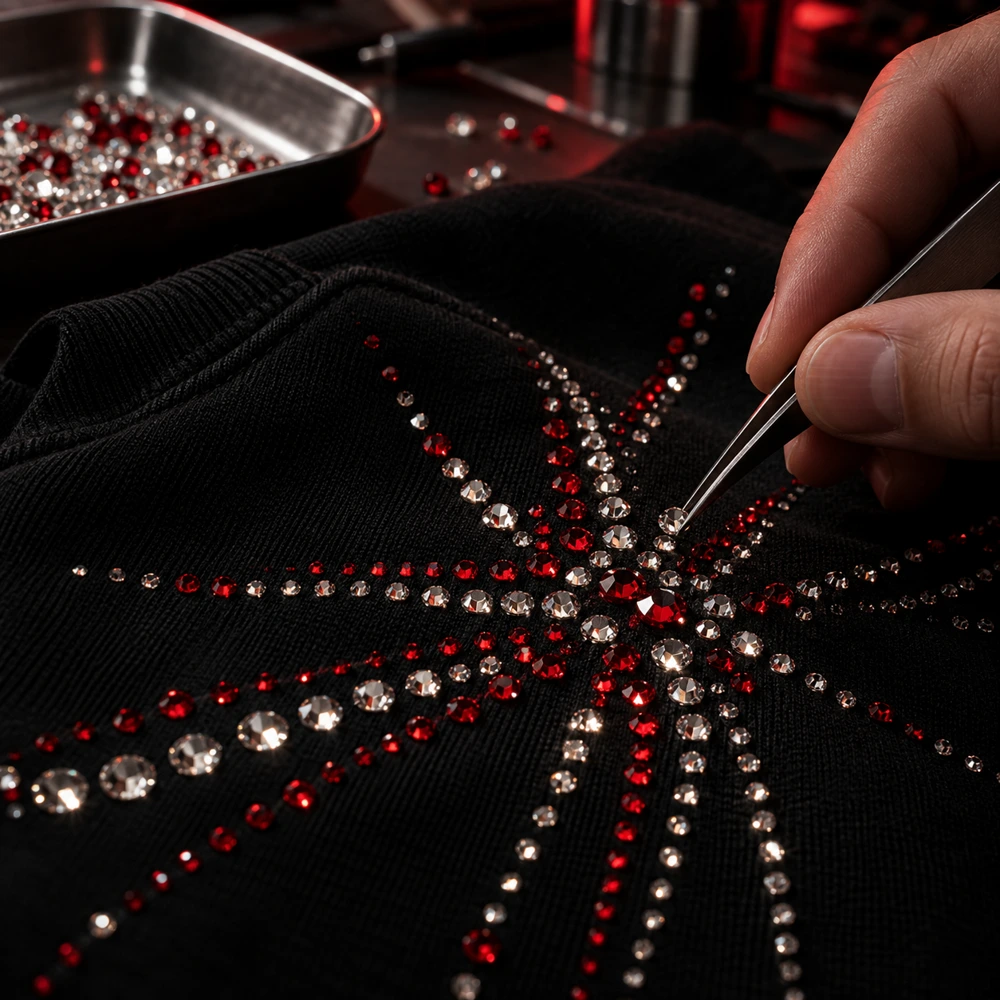 Rhinestone work: red and silver crystals placed on black fabric with tweezers