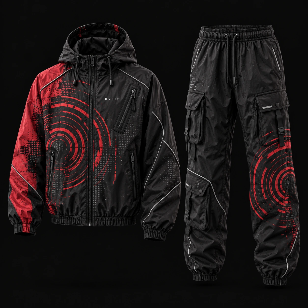 Signal windbreaker set with asymmetric red circular graphics, silver piping and utility cargo trousers